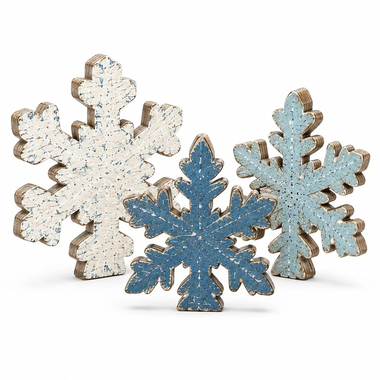Indoor Christmas decorations, 3-piece set of snowflake home ornaments for winter | Wooden winter Christmas desktop decor, farmhouse-style Christmas party centerpieces and tiered tray decorations, suitable as gifts for the kitchen, mantel, and office