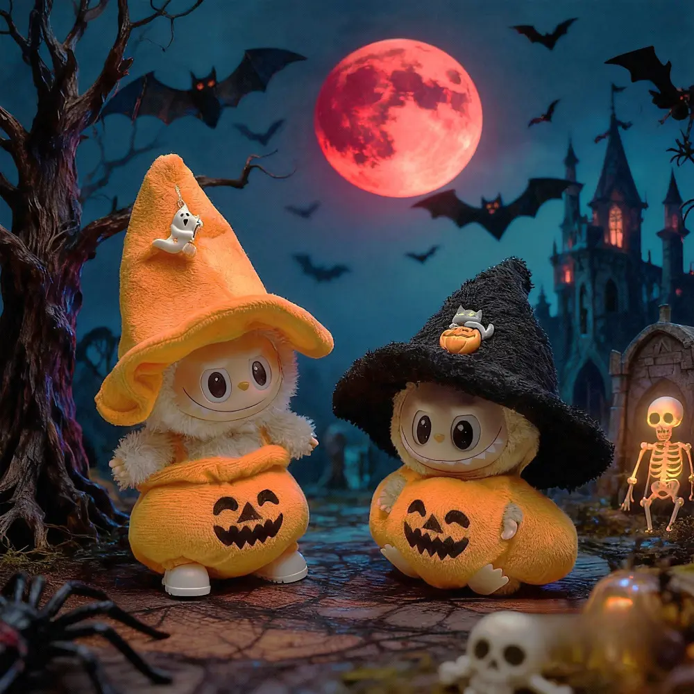 Labubu Halloween Pumpkin Clothes Set , Christmas Labubu Pumpkin Clothing Set 17cm(6.5in) Doll Clothes Halloween Witch Labubu Costume Set Halloween Labubu Doll Party Set,Doll Dress and Hat Set Vibrant Pattern Cape Design Ideal for Halloween