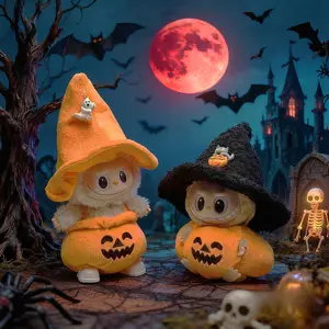 Labubu Halloween Pumpkin Clothes Set , Christmas Labubu Pumpkin Clothing Set 17cm(6.5in) Doll Clothes Halloween Witch Labubu Costume Set Halloween Labubu Doll Party Set,Doll Dress and Hat Set Vibrant Pattern Cape Design Ideal for Halloween