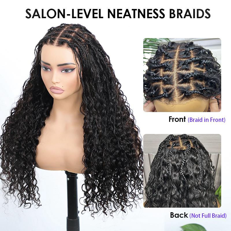 13x6 Boho Curls Braided Wigs Human Hair Pull Go Drawstring Cap HD Full Lace Frontal Wig Knotless Pre Cut Lace