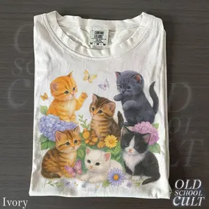 Comfort Colors Cute Kitten Graphic T-Shirt, Vintage Cat Lover Tee, Ivory TShirt, Retro Floral Kitty Top, Aesthetic Cottagecore Gift