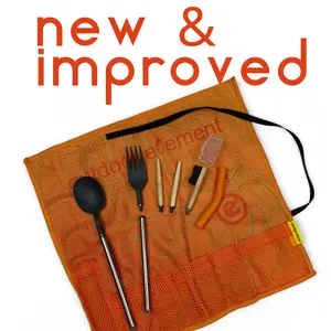 Omni-Tensil Outdoor Cutlery Set with Fork, Spoon, Chopsticks, Toothbrush, Bellows and wrap which doubles as a cleaning cloth made from recycled plastics.