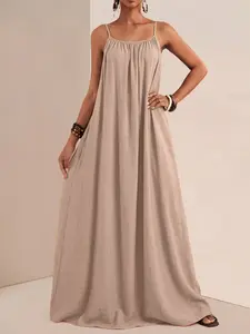 American Style Loose Fit Halter Long Skirt, Plain Sleeveless A-Line Summer Dress, Flowy Fabric, house dress，pajamas for wom，Slimming Effect, Beach Vacation Photo Dress, Casual Wear