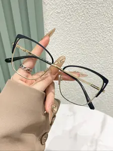 Metal Cat Eye Glasses Frame, Artistic Eyeglasses for Men and Women, Anti-Blue Light Lenses, Flat Lens Design, Stylish and Comfortable