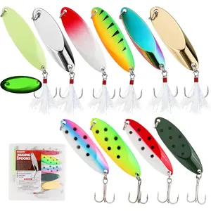 Jigging Spoon Fishing Lures, Slant Cut Metal Spoon with Glow or Feather Tail, High Flash, Sharp Treble Hooks, Precision Wobble for Bass, Trout, Pike & Walleye kit artificial bait stuff