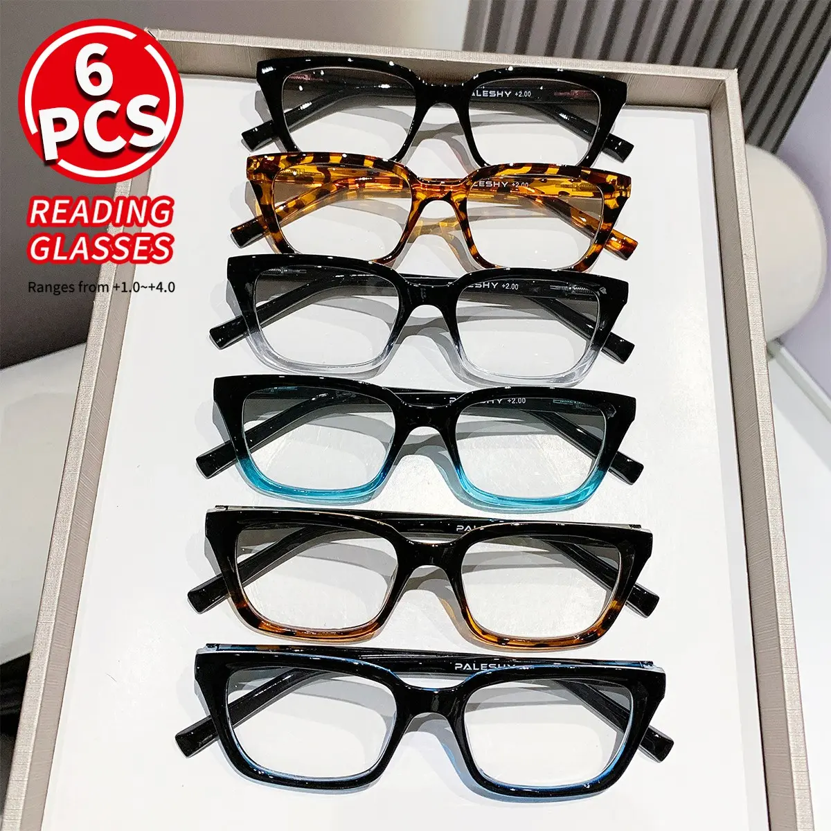 6 Pairs Reading Glasses Set, Vintage Square Frame, Spring Hinge Comfortable Wear, Magnification +1.0 to +4.0, Ideal for Daily Use
