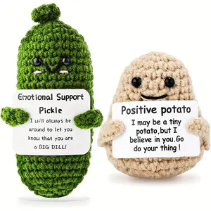 Cute cucumber knitted dolls crocheted emotional support kimchi gifts Handmade potato set with positive card mini decompression desk - with positive affirmation cards  fun stress relief toys Creative knitted dollsdecoration
