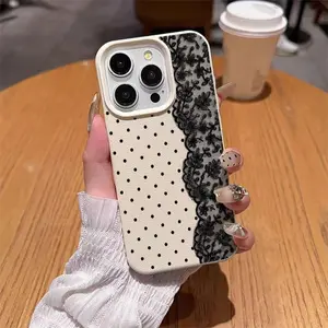 Black floral lace polka dot pattern lychee texture phone case, suitable for iPhone 17/iPhone16/iPhone15/iPhone14/iPhone13/iPhone12/iPhone11/iPhoneXS