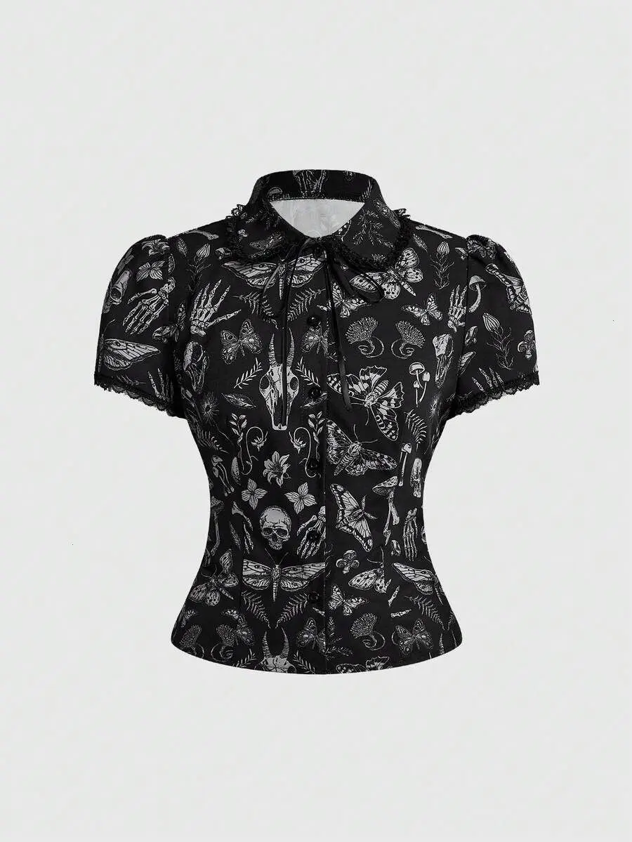 Summer Outfits Woodland Dark Goth Skeleton & Plant Print Fitted Women Shirt