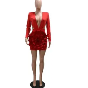 sexy deep v pleated 3d flower long sleeve mini dress Casual Summer Womenswear