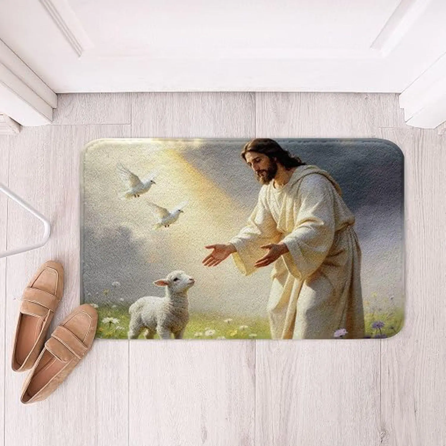 Spiritual Faith Jesus Christ Indoor Non Indoor Flannel Floor Mat for Home Indoor Decorative Soft Plush Area Rug with Inspirational Religious Design