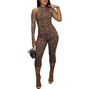 Women's Leopard Print Romper Sexy Bodycon Jumpsuits Sleeveless Backless Capri Leggings Club Outfits Catsuits