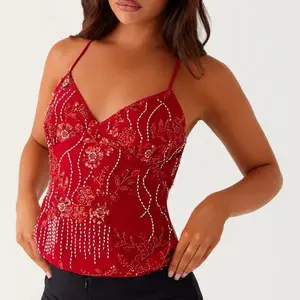 Ali Sequin Halter Top- Red Womenswear Glam