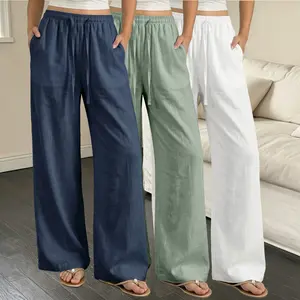 3-pack women’s summer breathable casual pants, loose solid color elastic waist straight wide-leg long pants, suitable for vacations and everyday wear
