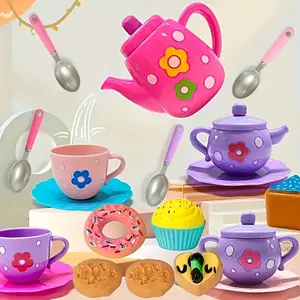 Little Girl Tea Set, Tea Party Kit with Teapot, Cookie Dessert, Play Food, Tea Party Accessories, Holiday Birthday Christmas Gift, Pretend Cooking Set, Play Kitchen Accessories