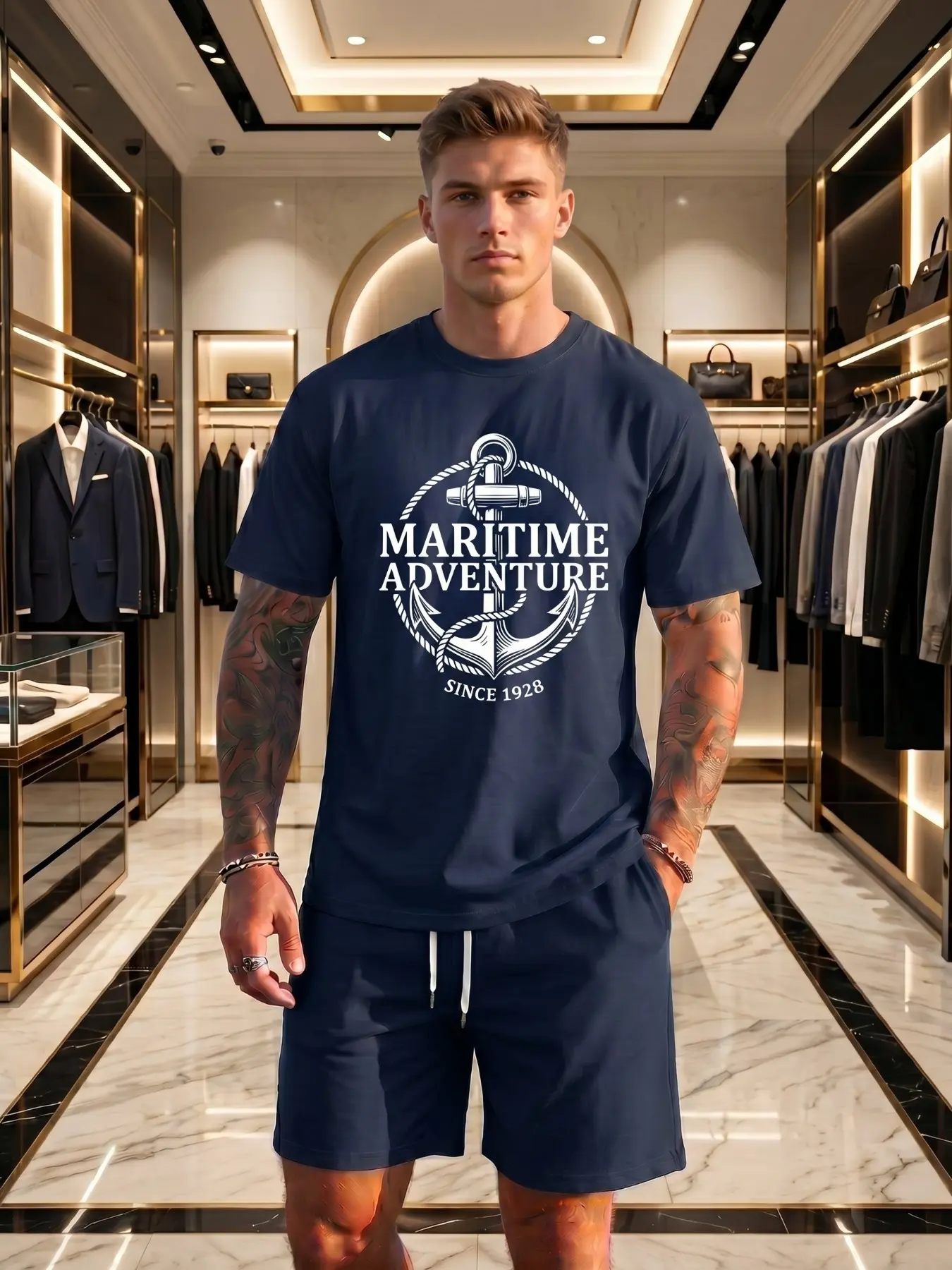 Men's Retro Maritime Anchor Print 2 Piece Tracksuit, Micro-Elastic Breathable Fabric, Short Sleeve Tee & Drawstring Shorts, Nautical Casual Outfit For Men 20-50, Beach/Vacation Style, Lightweight & Comfortable, 2026 Viral Summer Matching Set