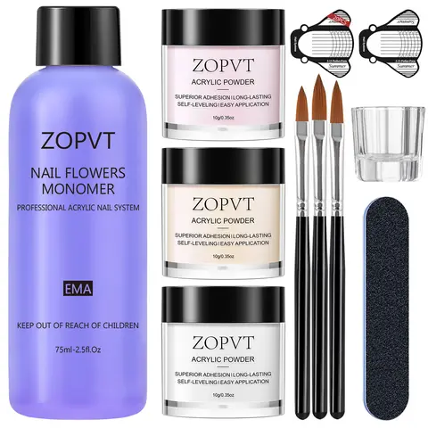 Acrylic Nail Art Manicure Kit, 10 g Nude Clear Transparent Powder, 75 ml Acrylic Liquid, Carving Brush Set, Home DIY Extension Tool, Nail Art Tools, Nail Art Kits