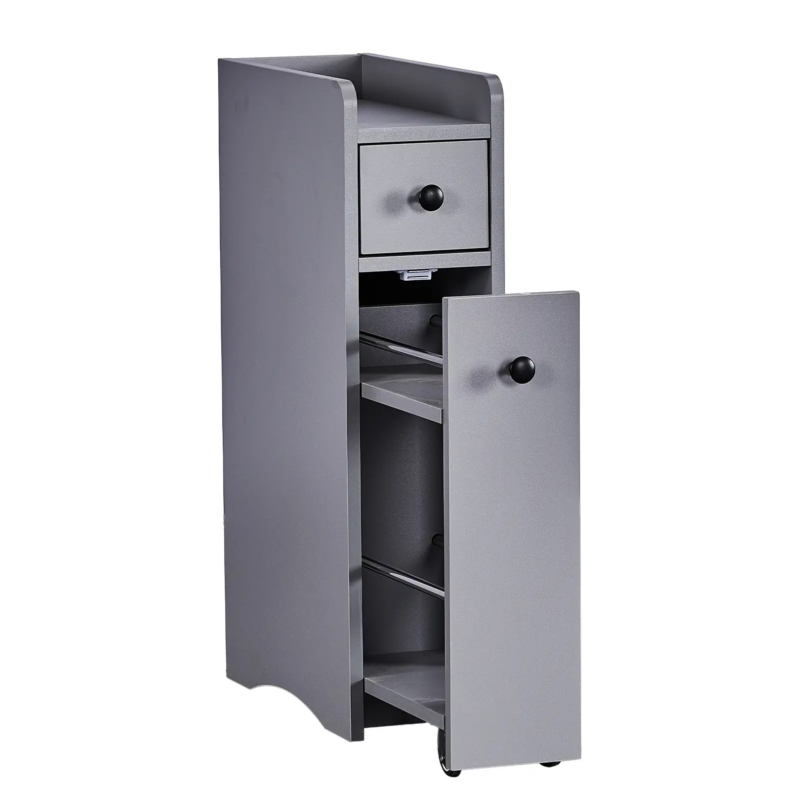 Freestanding Rolling Bathroom Storage Cabinet, Gray Melamine Veneer Particleboard Narrow Bathroom Vanity With Drawer, Cabinet Door & Pull Out Storage Shelf, Multi-Tier Organizer Cabinet For Bathroom Skincare & Toiletries