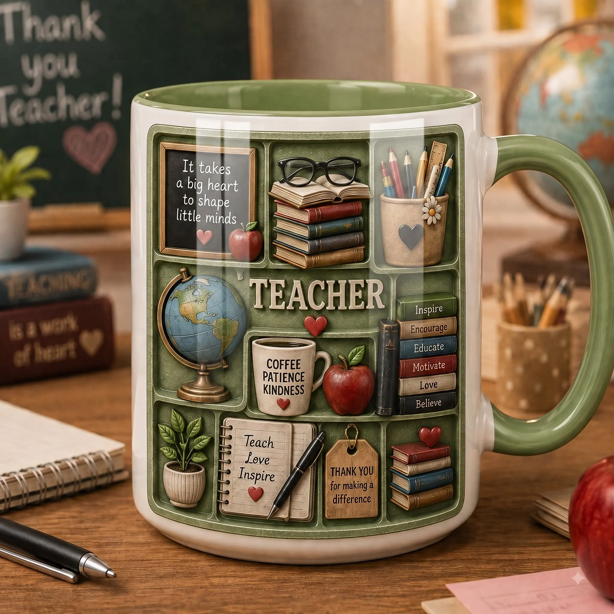 Teacher Coffee Mug, Classroom Books Apple Pencil Ceramic Cup, Educator School Coffee Mug, Teaching Appreciation Cup