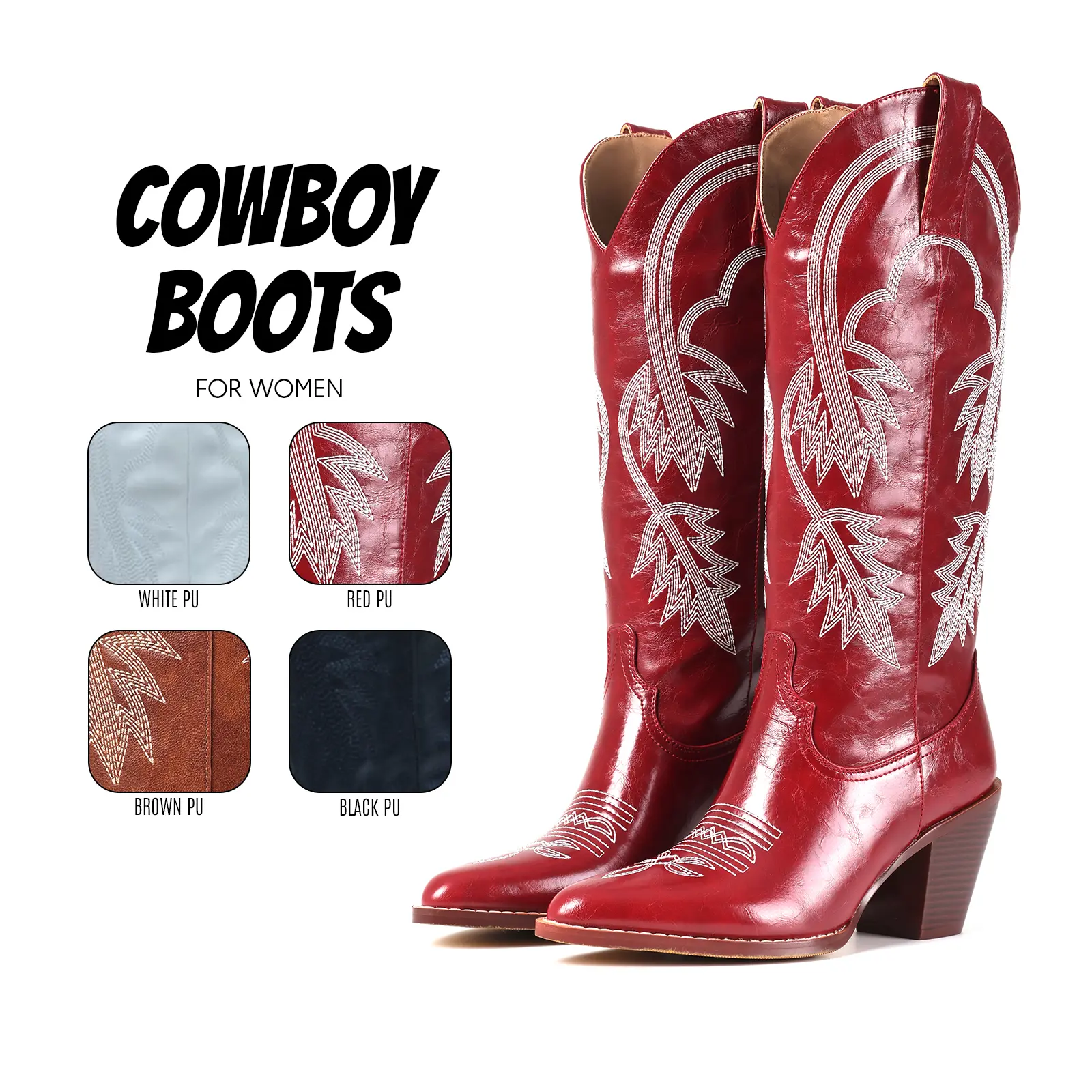 Cowboy Boots for Women Embroidered Knee High Boot Pointed Toe Chunky Block Heel Wide Calf Easy Pull On Party Country Wedding Concert Outfits Rodeo Boho Chic Festival Riding Fashion Retro Classic Western Long Tall Cowgirl Shoes