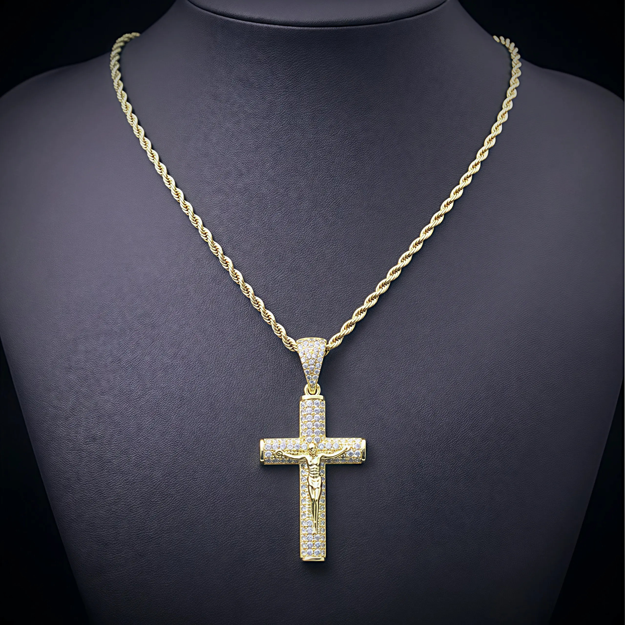 YC 14/18K Cuban, Figaro, Rope Chain Jesus Cross Necklace Hand-polished with multi-layer electroplating Everyday wear necklace.