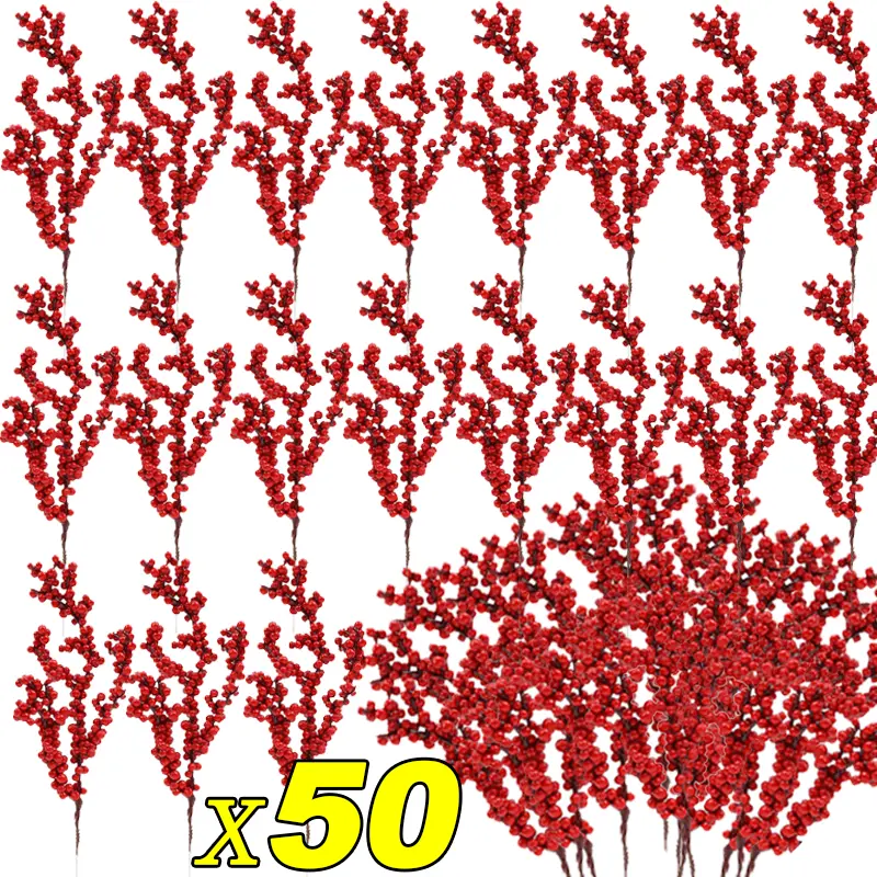 Wholesale 10pcs 30x12cm Artificial Red Berry Stems - Foam Berries, Foam Holly Branches, Foam+Iron Wire Core - Home Festive Decor for Christmas Tree, Wedding Supplies
