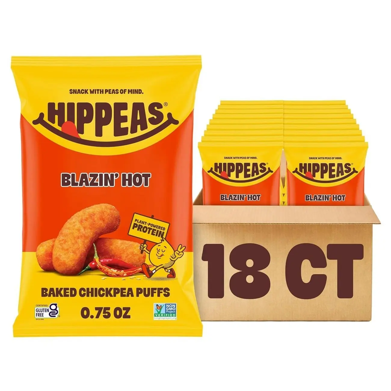 Hippeas Chickpea Puffs, Blazin' Hot, 18 x 0.75 oz Bags, Baked Crunchy Chickpea Snacks with 3g Plant Protein, 2g Fiber & 40% Less Fat, Dairy & Gluten Free, Non-GMO, Top 9 Allergen Free