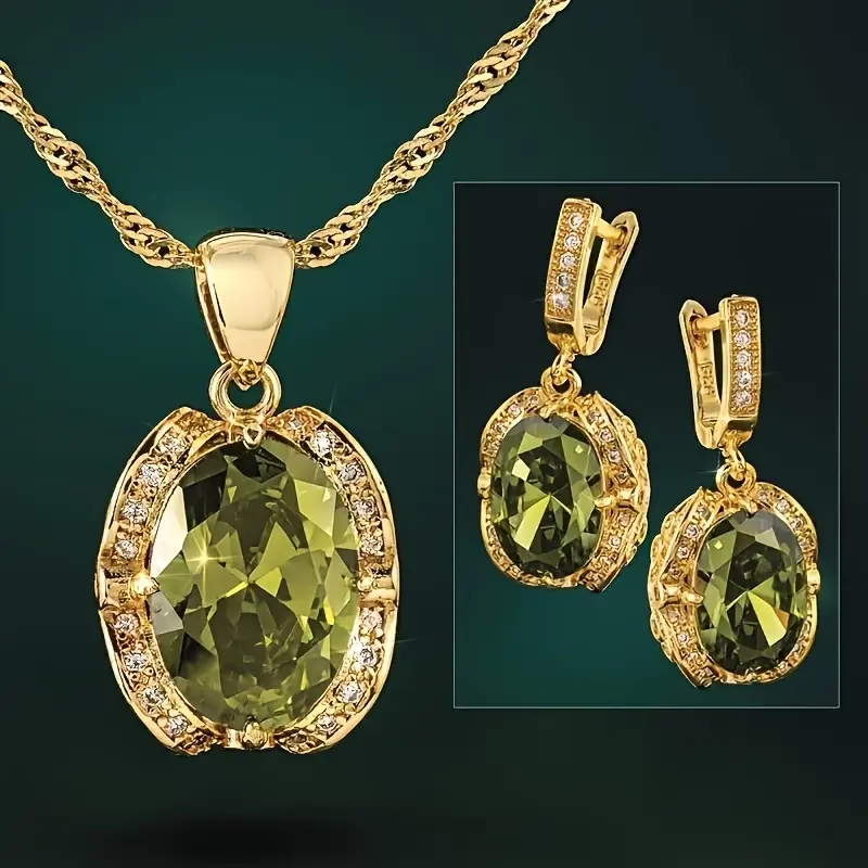 Elegant Vintage Olive Green Synthetic Cubic Zirconia Jewelry Set — Necklace and Earrings, Inlaid with Synthetic Cubic Zirconia, Copper Base for Higher Durability. Ideal Gift for Wedding & Valentine's Day‘’Suitable for All Kinds of Special Occasions.