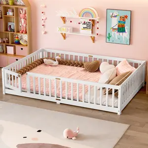 Pinehome Twin/Full/Queen Size Montessori Floor Bed for Kids with Safety Guardrails & Removable Door, Low-Profile Solid Pine Wood Frame, Adjustable Slats Design for Safety and Play