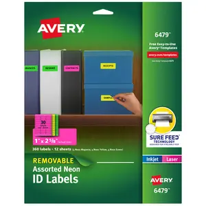 Avery Printable Labels with Sure Feed, 1" x 2-5/8", Assorted Neon Colors (Green, Magenta, and Yellow),  Removable Adhesive, Laser & Inkjet Compatible, 360 Blank Labels Total (6479)