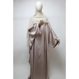 3 Piece Set Satin Open Bisht Abaya - Nude