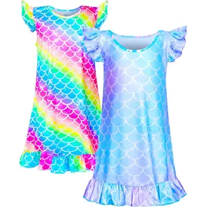 Z-CPA3   2pcs Girls Nightgowns, Unicorn Nightgown Princess Pajama Dresses for Girls Sleepwear Nightie