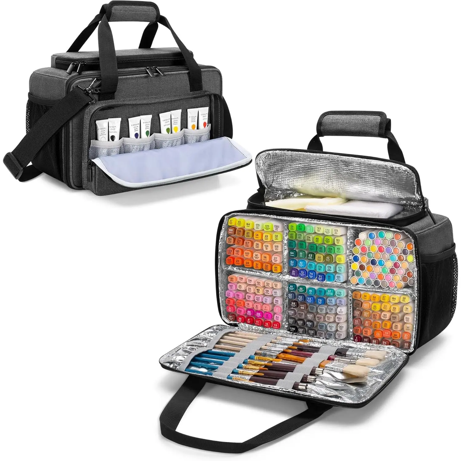 Marker Storage Bag Marker Case Organizer Hold up to 216 Markers, Carrying Case with  Strap and Handle, with Dividers and Easy Cleaning Liner (Markers Length up to 5.1"/13 cm), Grey