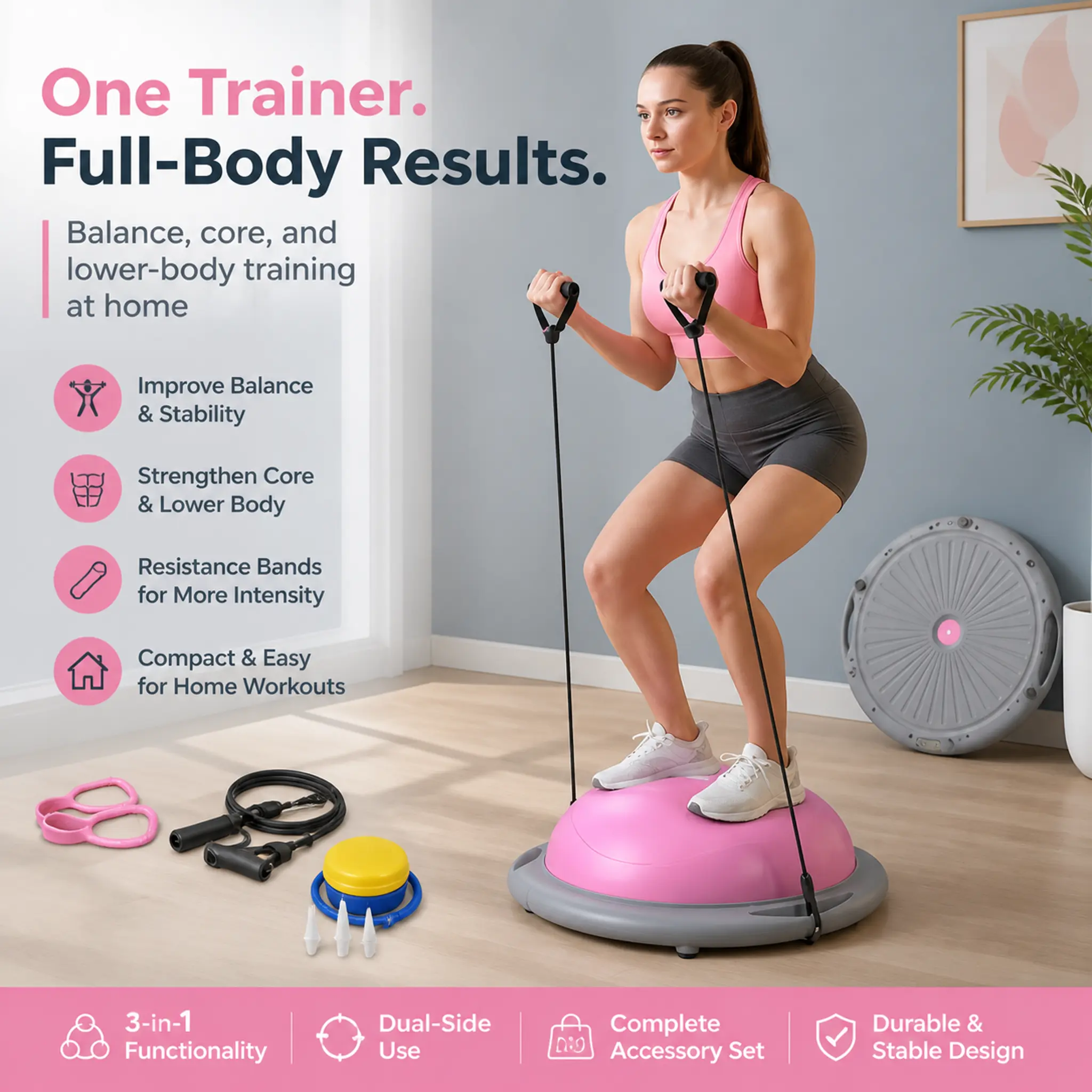 3-in-1 Balance Trainer Half Exercise Ball with Resistance Bands, Dual-Sided Stability Trainer for Core Strength, Balance, Squats, Push Ups and Full Body Home Workout, Inflatable Fitness Equipment