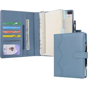 A5 Binder PU Leather Journal Ring Portfolio Lined Notebook with Removable Clipboard, Travel Business School Agenda Organizer, Mist Blue
