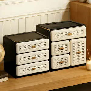 3-Tier Storage Drawer Unit, Black And White Faux Rattan Plastic Storage Cabinet, No Assembly Required Desktop Drawer Organizer, Space Saving Solution for Bedroom, Closet, Office And Small Spaces, Storage Drawer Units