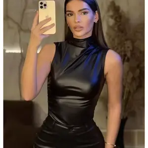 PU Leather Tank Top High Fashion Asymmetrical Ruched Sleeveless Blouse Winter Sexy T Shirt for Women Clothes