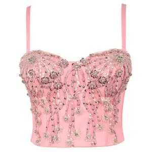 Tube Top Handmade Sequins Embroidery Bra Blusas Short Beading Corset Clothing Sexy Cropped Tops Summer Outfits Women Tank Tops Backless Fishbone Clubwear Vest Strappy Diamond-Encrusted Strappy Vest Tube Tops Girl Gathered Around Hot Girl Rubbed Chest