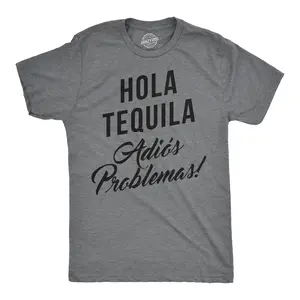 Mens Hola Tequila Adios Problemas Funny Shirts Hilarious Vintage Novelty T shirt Mens Funny T Shirts Cool Vintage Fashion T-Shirt Gift Classic Menswear Cinco De Mayo Apparel for Men Funny Drinking Short Sleeve Dark Grey