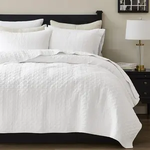 White 100% Cotton Quilt Queen Size Bedding Sets with 2 Pillow Shams, Textured Lightweight Soft Bedspread Shabby Chic Coverlet, Quilted Comforter Bed Cover for All Season, 3 Pieces