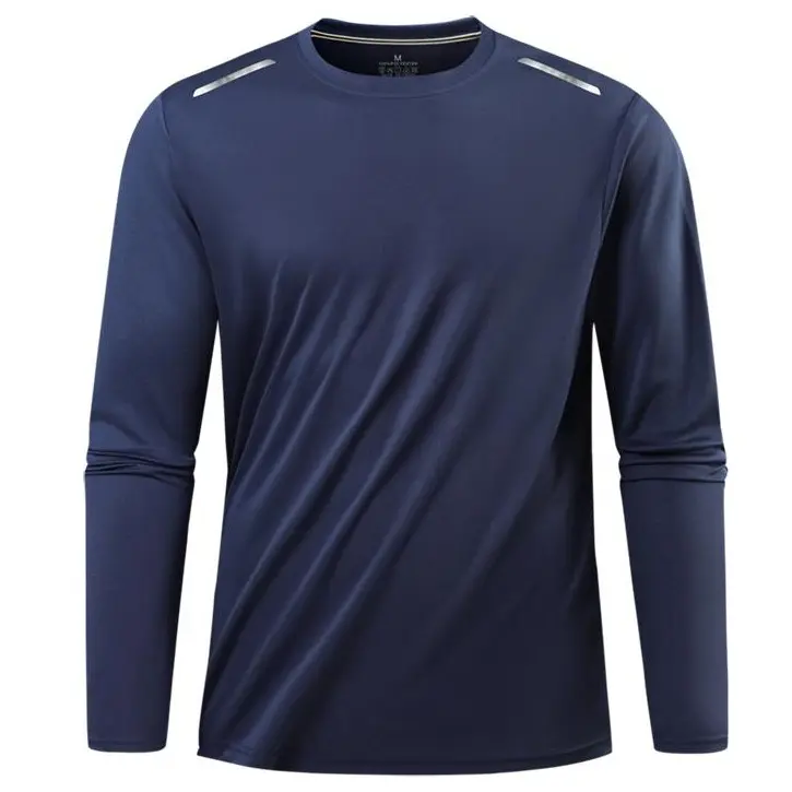 Men’s long-sleeve sports T-shirt, quick-dry crew neck base layer with reflective stripes, breathable top for outdoor running, training, and fitness