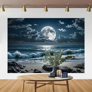 Nature-Inspired Moonlit Ocean Wave Scene Wall Tapestry – Vinyl Nautical Themed Hanging Decor, International Style, Electricity-Free, Polyester Fabric – Ideal for Living Room, Bedroom, Dorm – Versatile Photo Background Prop Art Home Decoration Blue Design
