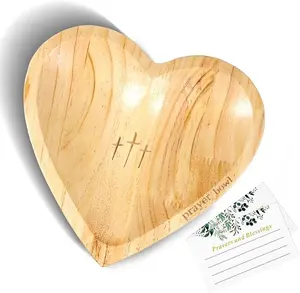 4cm Thick Wooden Prayer Bowl, 420g Heavy Solid Wood, Heart Shape with Hand Carved Cross & 24 Prayer Cards, Christian Home Altar Decor, Easter Mother's Day Baptism Gift
