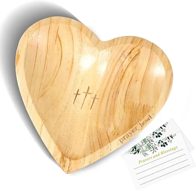 4cm Thick Wooden Prayer Bowl, 420g Heavy Solid Wood, Heart Shape with Hand Carved Cross & 24 Prayer Cards, Christian Home Altar Decor, Easter Mother's Day Baptism Gift