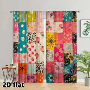 2D Flat 2Pcs Bohemian Patchwork Curtains, Colorful Floral Pattern, Rod Pocket Design, Semi Sheer Fabric, Vibrant Boho Window Treatment for Living Room Bedroom Kitchen Balcony, Multi-Color Panels, Sunlight Filtering, Easy Care Home Decor