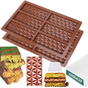 Chocolate Bar Mold - Deep Chocolate Bar Pistachio, Pistachio Chocolate Bar Thick Silicone Tray, Diamond Candy Mould with 100PCS Clear Cellophane Bags & Chocolate Scraper