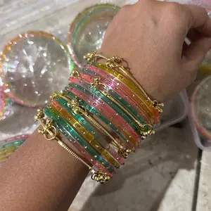 Kashmiri Glass Bangles Set - 4pcs with 12pcs Bangles, Small Dangling Golden Accents, Elegant Minimalist, Fashionable Bracelet, Matching Couple Bracelet Set, Costume Jewelry Accessory
