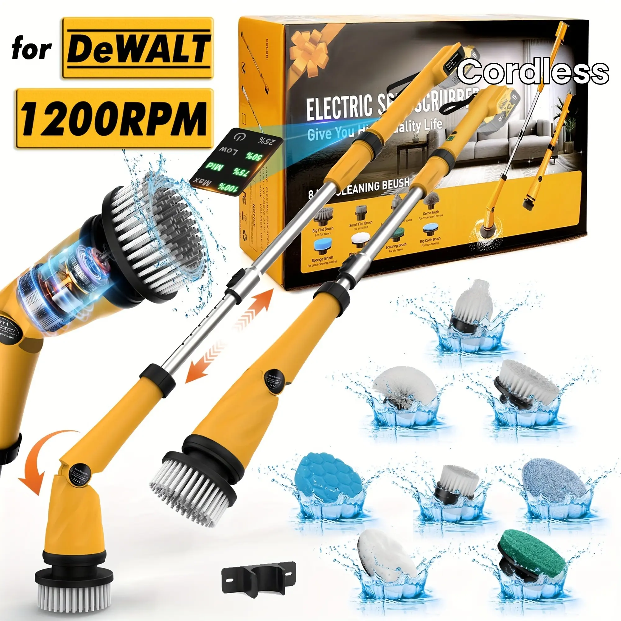 1set, Electric Spin Scrubber Compatible With Dewalt 20V Battery (Battery NOT Included), 1200RPM Spin Brush For Cleaning, Extendable Handle, 8 Brush Heads, Cordless Power Spin Scrubber For Bathroom/Tub/Tile Tool, Cleaning Supplies, Cleaning Tool