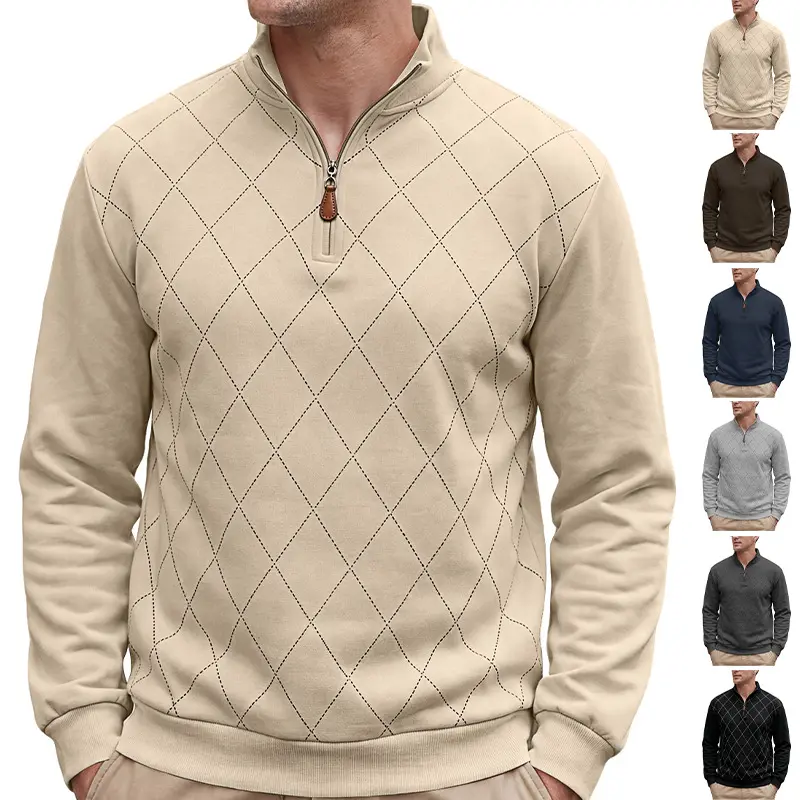 Menswear Men’s American Preppy-Style Half-Zip Mock Neck Long-Sleeve Diamond-Texture Sweatshirt, Soft Skin-Friendly Knit Pullover, Solid Color, Suitable for Spring/Autumn Business Casual Commuting