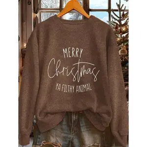 Women's Christmas Print Casual Fashion Round Neck Sweater Top, Comfortable Letter Print for Fall & Winter, Perfect Christmas Gift